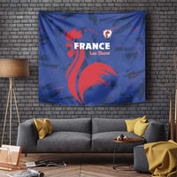 France wall tapestry, blue background with red rooster and shield crest graphic
