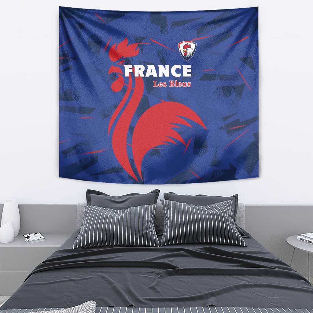 France rugby tapestry, blue cloth with red rooster design and France Les Bleus text