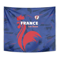 Rectangular France rugby tapestry, blue fabric with red rooster and shield crest
