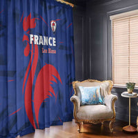 Blue France rugby window curtain with crest and red swirl graphics; 'Les Bleus'