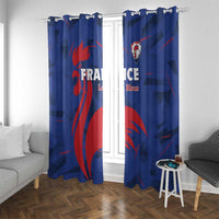 Blue France rugby curtain pair with crest and red swirls; hanging rings on top