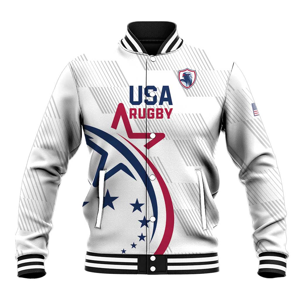 White rugby baseball jacket with ribbed collar, snap front, USA Rugby logo