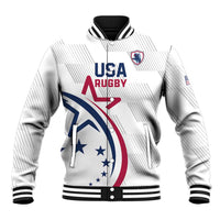 White rugby baseball jacket with ribbed collar, snap front, USA Rugby logo