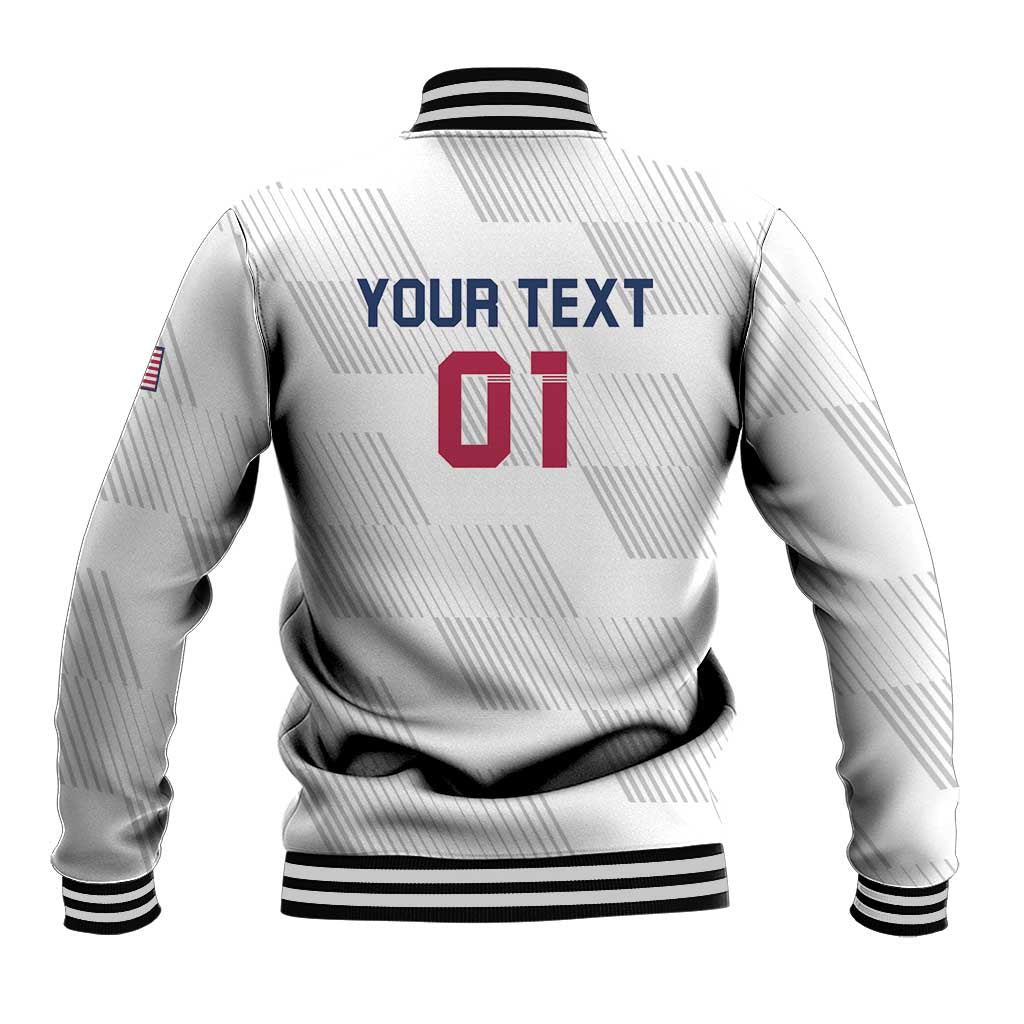 White rugby baseball jacket with ribbed hem, bold back text and red 01 graphic