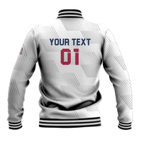 White rugby baseball jacket with ribbed hem, bold back text and red 01 graphic