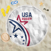 Round USA Rugby beach blanket in white with flag-style logo and fringe edge
