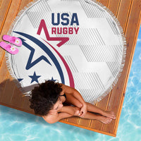 Round white USA Rugby beach blanket with logo and fringed border