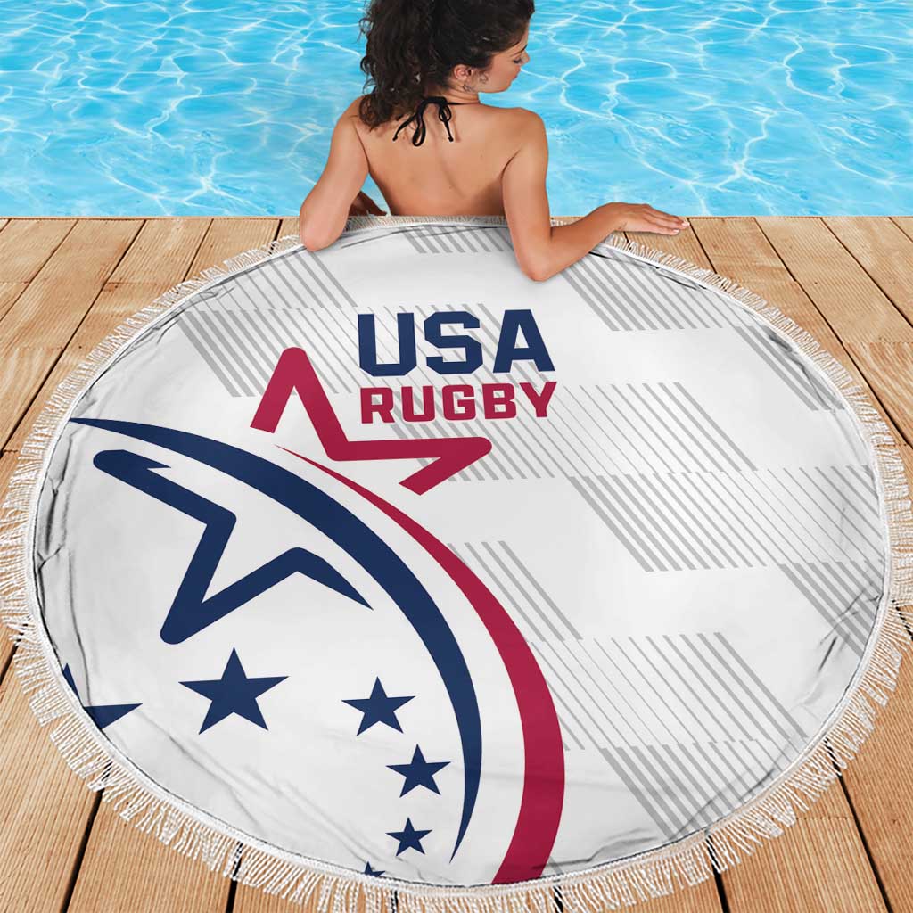 Round white USA Rugby beach blanket with USA Rugby crest and fringed border
