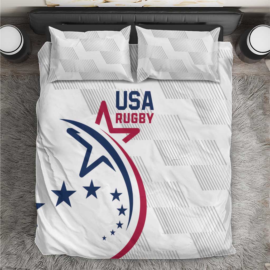 White bedding set with two pillowcases, USA Rugby logo with stars