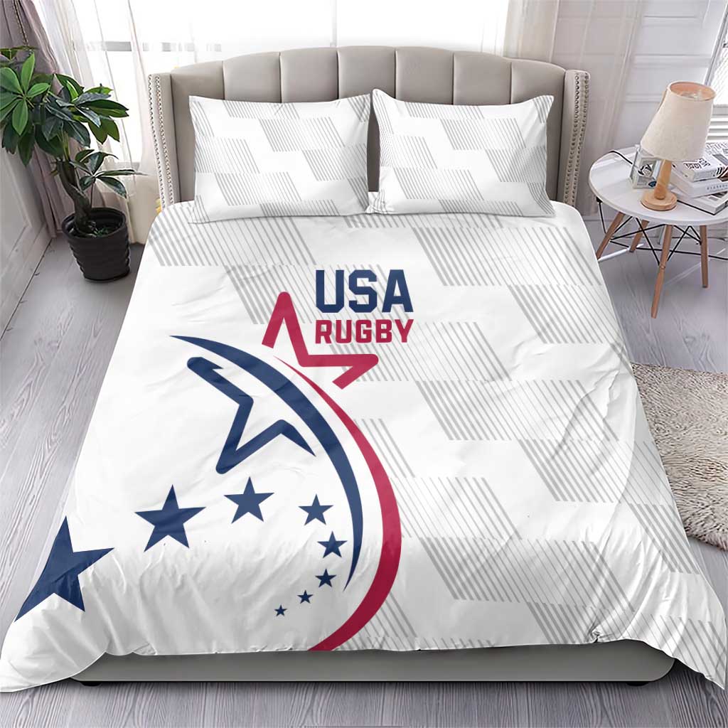 White bedding set with two pillowcases and comforter, USA Rugby logo on patterned fabric