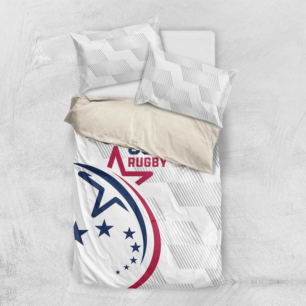 White bedding set top view with two pillowcases, USA Rugby crest on comforter