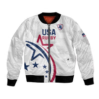 White rugby bomber jacket with front zipper, star graphic, and black rib trim