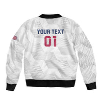 White rugby bomber jacket, back print with customizable text, black rib trim, flag patch