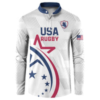 White USA Rugby button sweatshirt with navy collar and red/blue crest graphic