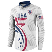 White USA Rugby button sweatshirt with navy collar, striped sleeves, and eagle flag badge