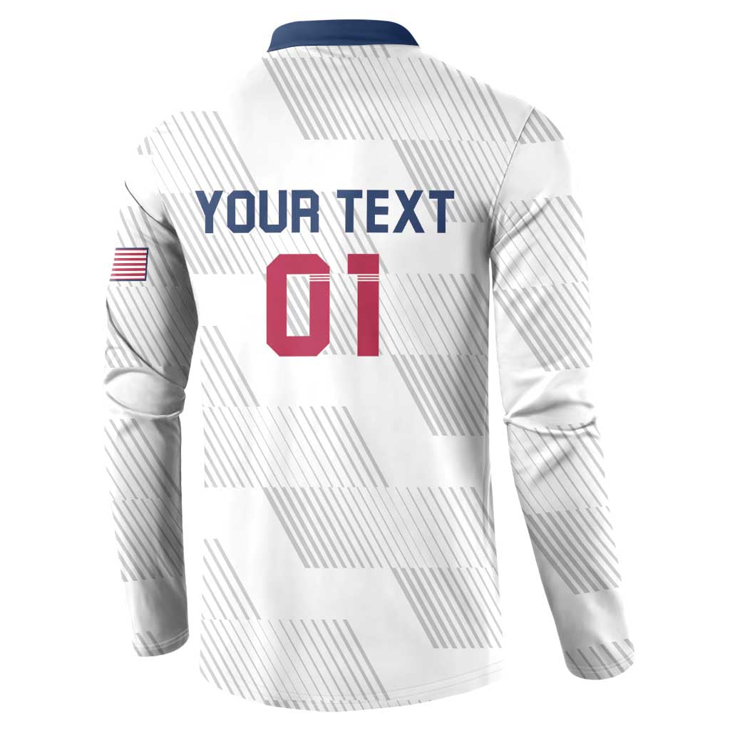 White custom rugby button sweatshirt with navy collar and 'YOUR TEXT 01' back print