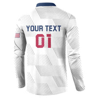 White custom rugby button sweatshirt with navy collar and 'YOUR TEXT 01' back print