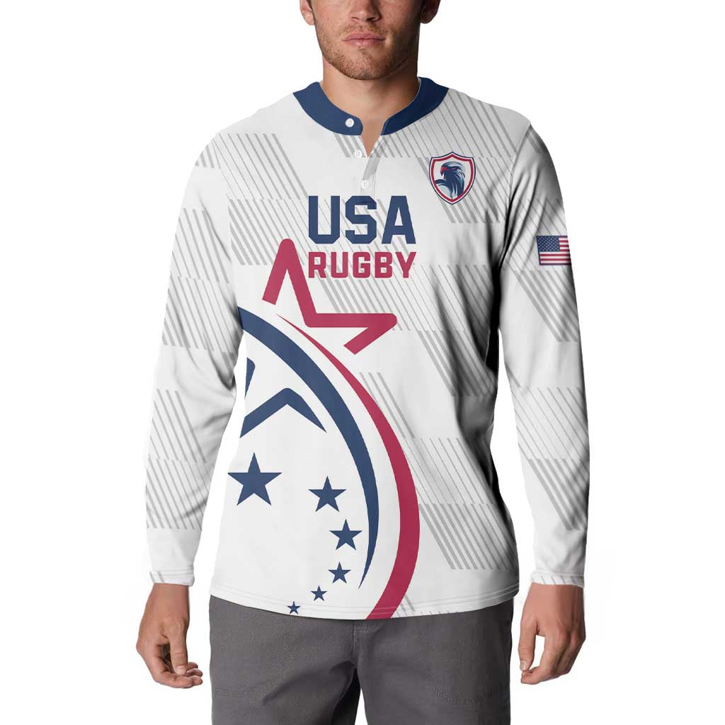 White USA Rugby button sweatshirt with navy collar, eagle emblem, and 'USA RUGBY' logo