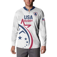 White USA Rugby button sweatshirt with navy collar, eagle emblem, and 'USA RUGBY' logo