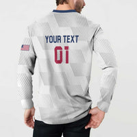White custom rugby button sweatshirt back with 'YOUR TEXT 01' and navy collar