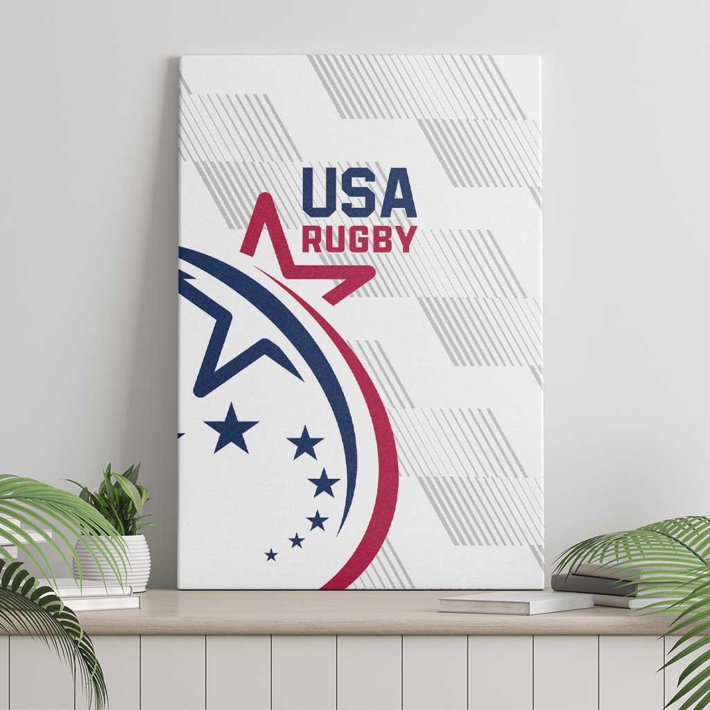 White USA Rugby canvas wall art on shelf with eagle crest and red-blue logo