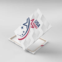 White USA Rugby canvas wall art angled view with starry eagle emblem and text