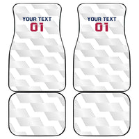 Four white car floor mats with stitched edges and "YOUR TEXT 01" design