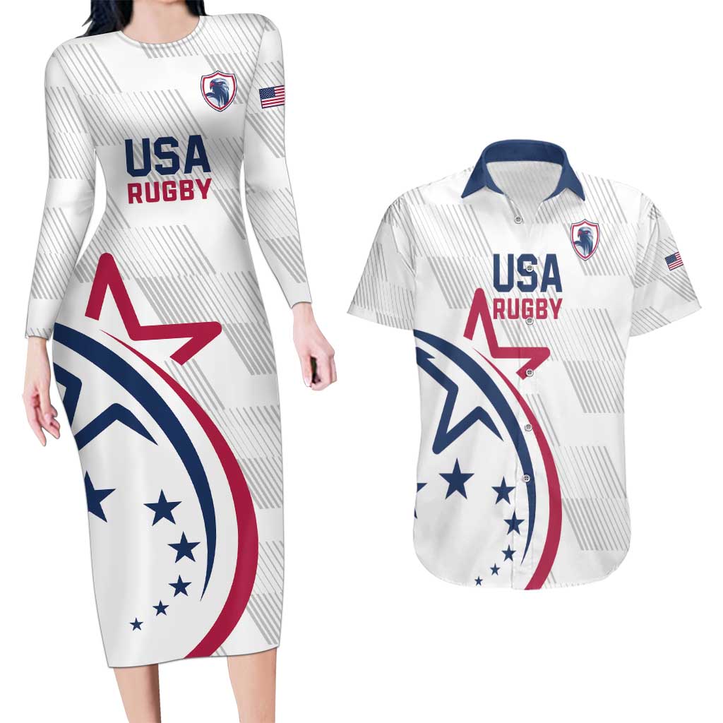 USA 2024 Rugby Couples Matching Long Sleeve Bodycon Dress and Hawaiian Shirt Soar Like an Eagle White Version - Wonder Print Shop