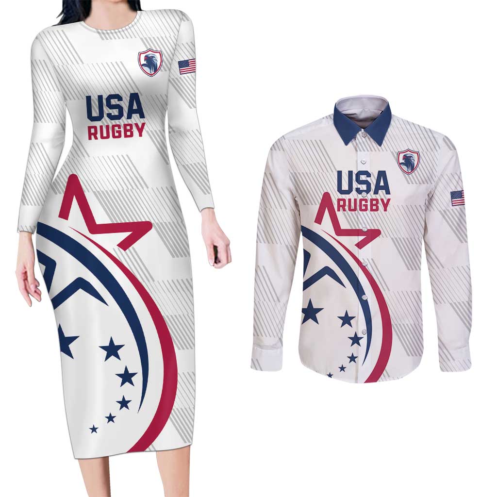 USA 2024 Rugby Couples Matching Long Sleeve Bodycon Dress and Long Sleeve Button Shirt Soar Like an Eagle White Version - Wonder Print Shop