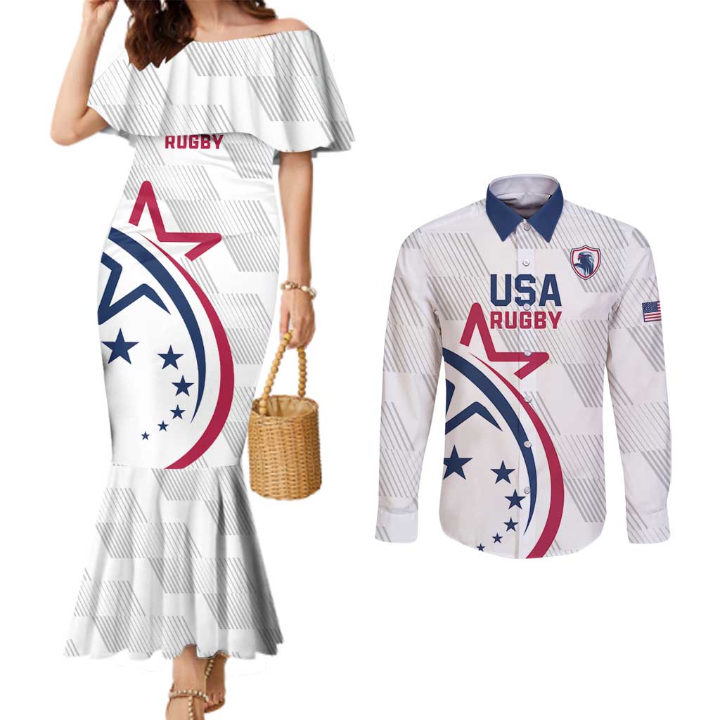 USA 2024 Rugby Couples Matching Mermaid Dress and Long Sleeve Button Shirt Soar Like an Eagle White Version