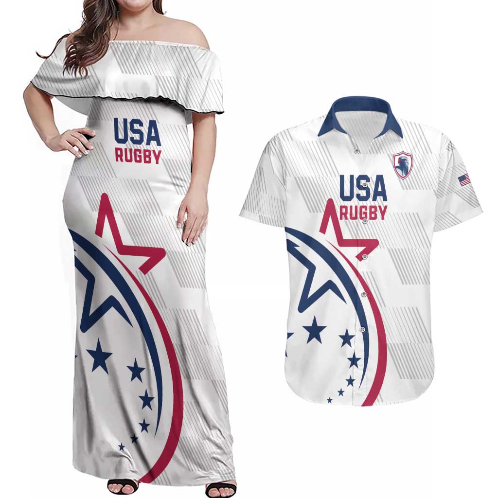 USA 2024 Rugby Couples Matching Off Shoulder Maxi Dress and Hawaiian Shirt Soar Like an Eagle White Version - Wonder Print Shop