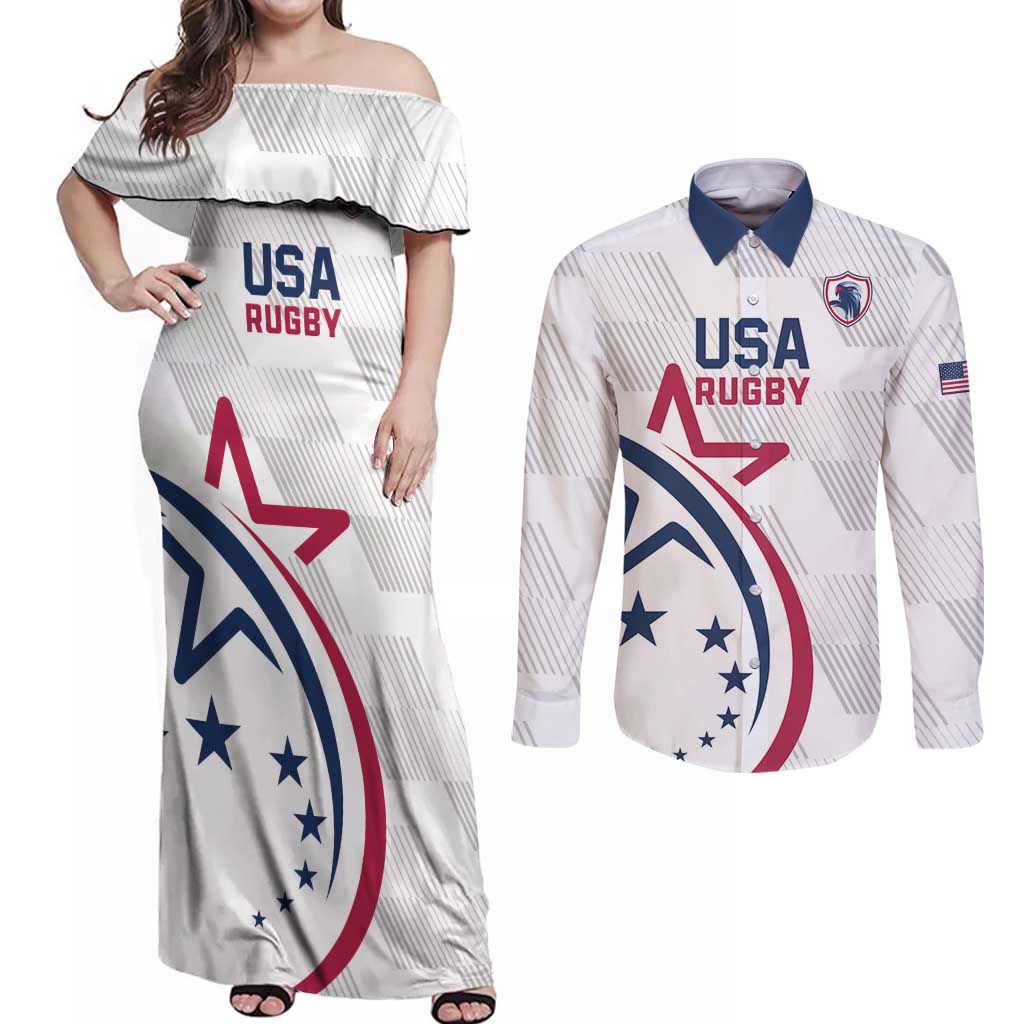 USA 2024 Rugby Couples Matching Off Shoulder Maxi Dress and Long Sleeve Button Shirt Soar Like an Eagle White Version - Wonder Print Shop