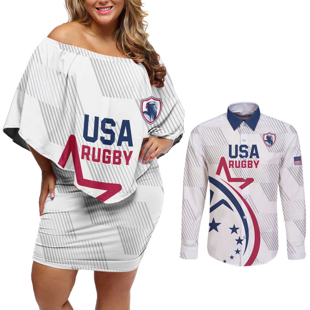 USA 2024 Rugby Couples Matching Off Shoulder Short Dress and Long Sleeve Button Shirt Soar Like an Eagle White Version - Wonder Print Shop