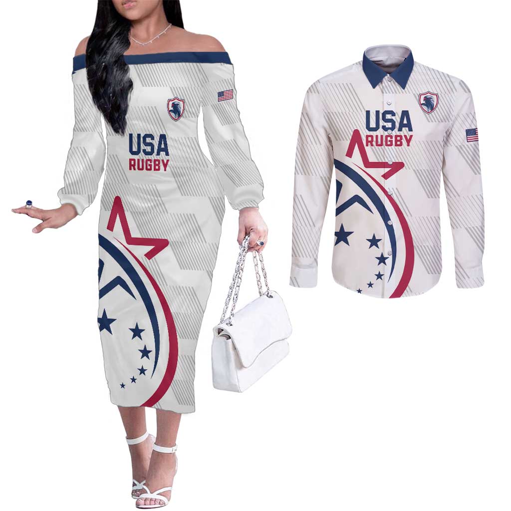 USA 2024 Rugby Couples Matching Off The Shoulder Long Sleeve Dress and Long Sleeve Button Shirt Soar Like an Eagle White Version