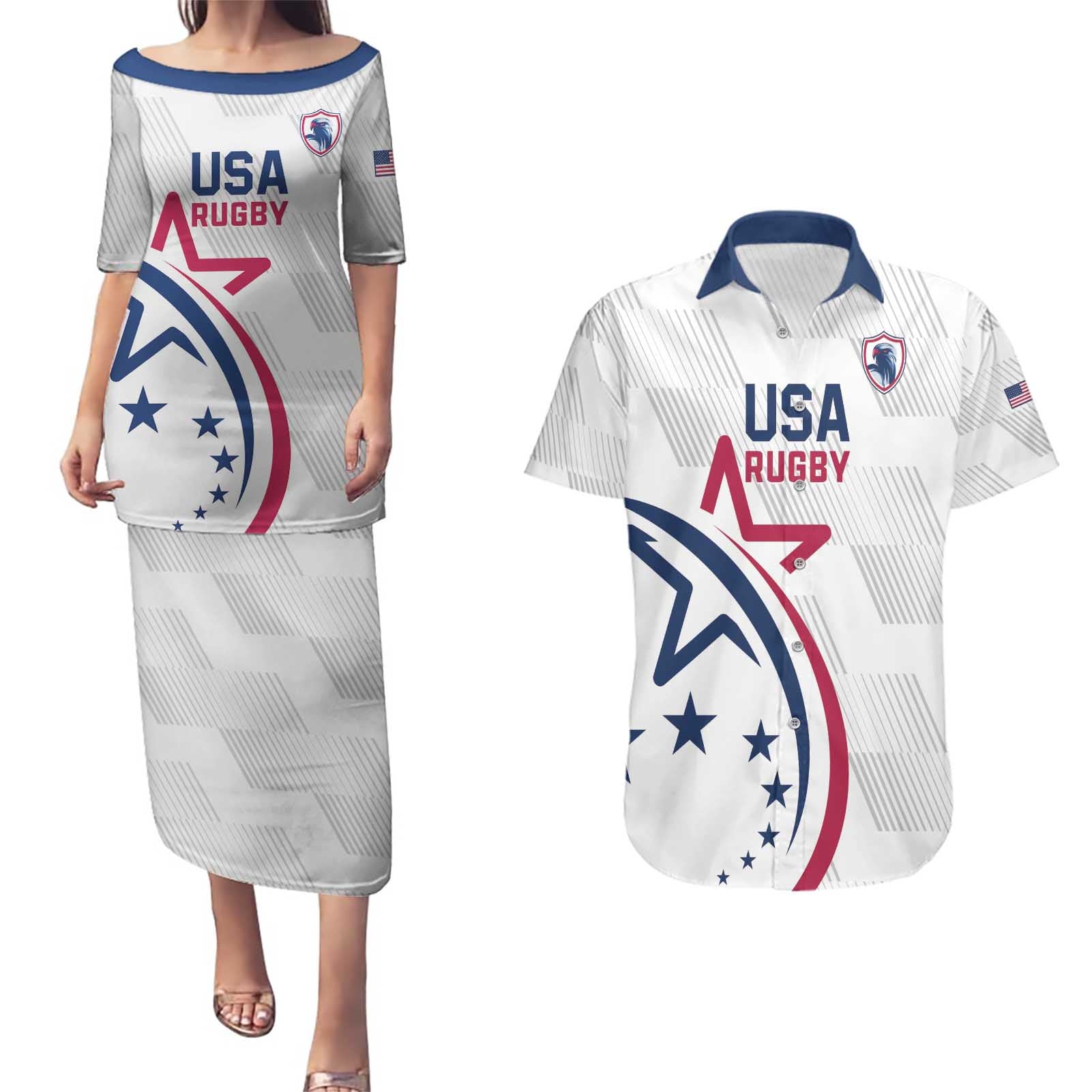 USA 2024 Rugby Couples Matching Puletasi and Hawaiian Shirt Soar Like an Eagle White Version - Wonder Print Shop