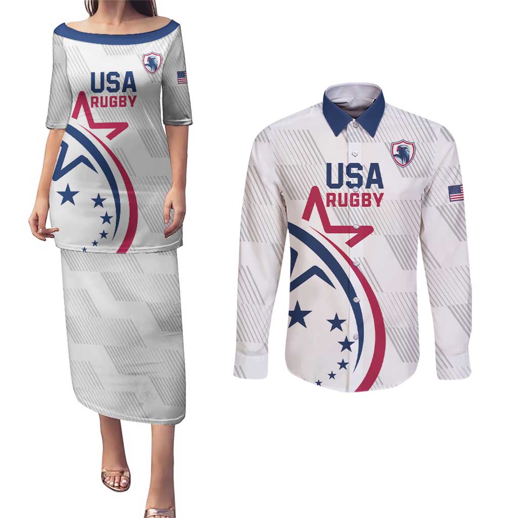 USA 2024 Rugby Couples Matching Puletasi and Long Sleeve Button Shirt Soar Like an Eagle White Version - Wonder Print Shop