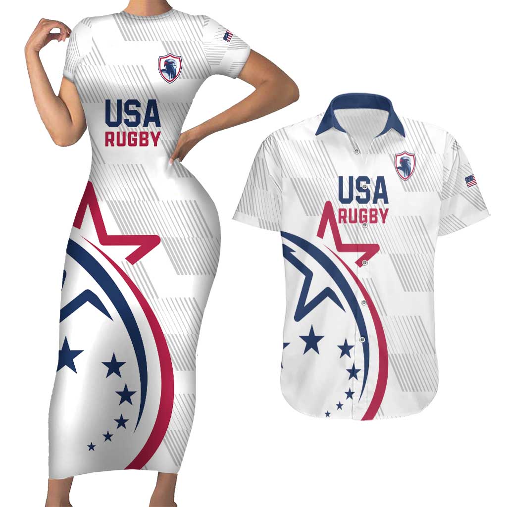 USA 2024 Rugby Couples Matching Short Sleeve Bodycon Dress and Hawaiian Shirt Soar Like an Eagle White Version - Wonder Print Shop