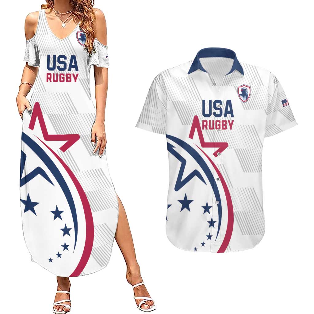 USA 2024 Rugby Couples Matching Summer Maxi Dress and Hawaiian Shirt Soar Like an Eagle White Version - Wonder Print Shop