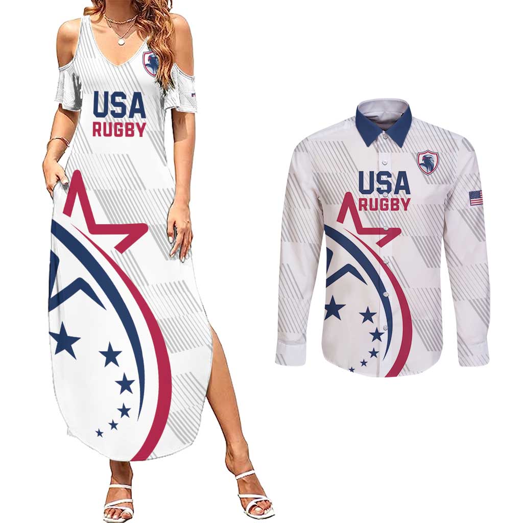 USA 2024 Rugby Couples Matching Summer Maxi Dress and Long Sleeve Button Shirt Soar Like an Eagle White Version - Wonder Print Shop