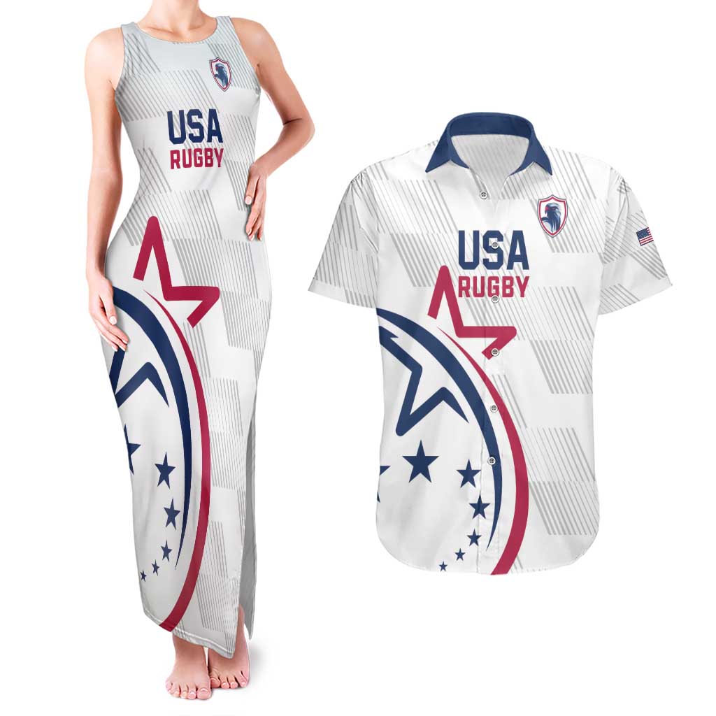 USA 2024 Rugby Couples Matching Tank Maxi Dress and Hawaiian Shirt Soar Like an Eagle White Version - Wonder Print Shop