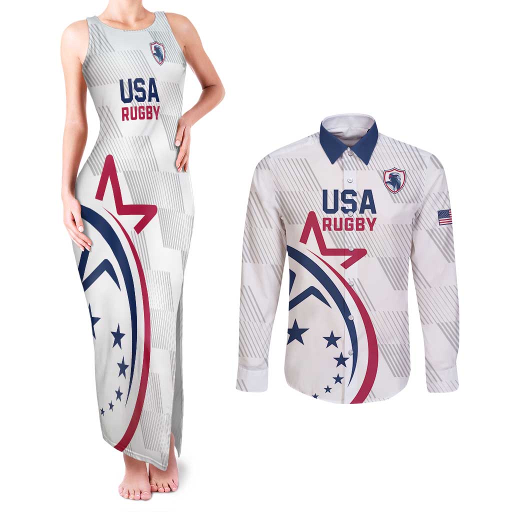 USA 2024 Rugby Couples Matching Tank Maxi Dress and Long Sleeve Button Shirt Soar Like an Eagle White Version - Wonder Print Shop