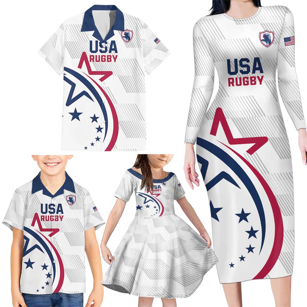 USA 2024 Rugby Family Matching Long Sleeve Bodycon Dress and Hawaiian Shirt Soar Like an Eagle White Version - Wonder Print Shop