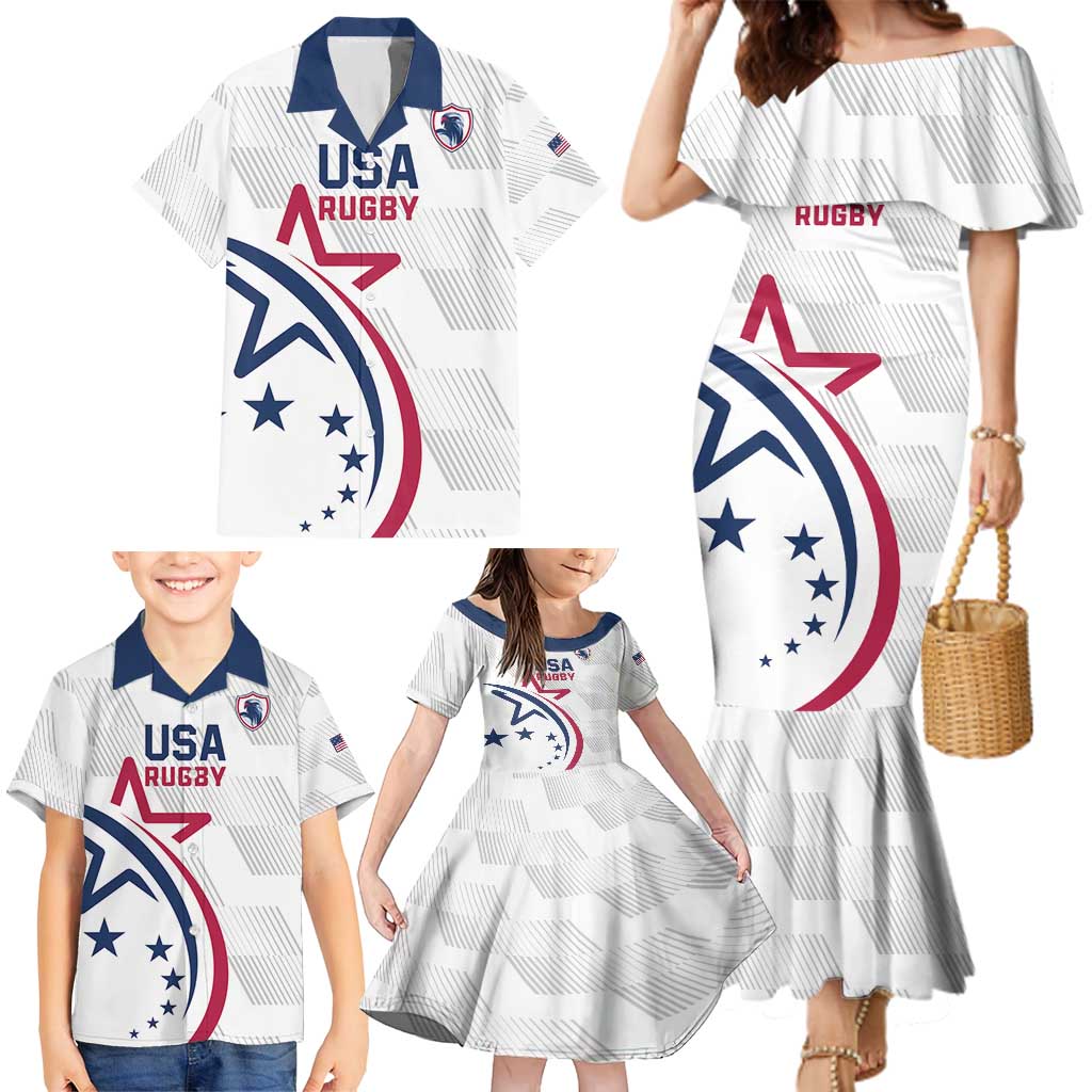 USA 2024 Rugby Family Matching Mermaid Dress and Hawaiian Shirt Soar Like an Eagle White Version - Wonder Print Shop