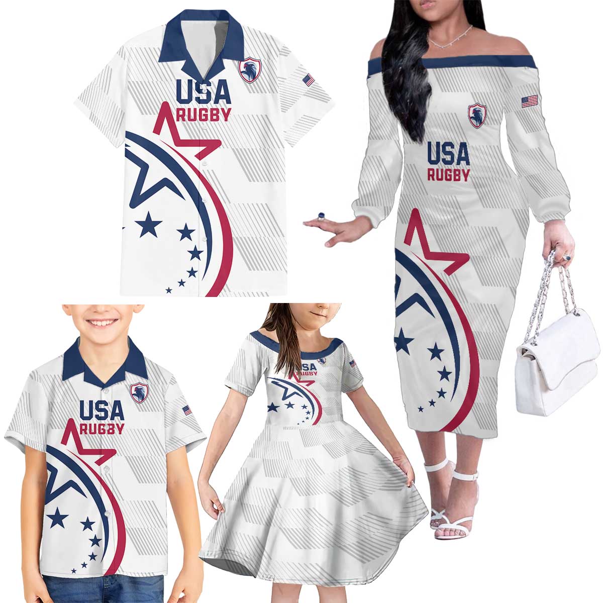 USA 2024 Rugby Family Matching Off The Shoulder Long Sleeve Dress and Hawaiian Shirt Soar Like an Eagle White Version - Wonder Print Shop