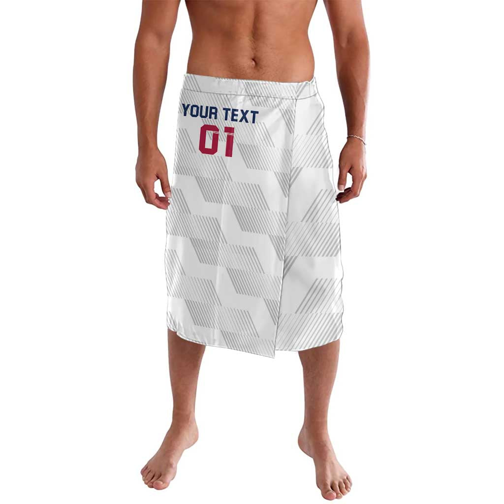 White patterned shorts with elastic waistband, blue 'YOUR TEXT' and red '01'