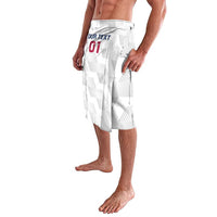 White patterned shorts with elastic waistband and blue 'YOUR TEXT' with red '01'