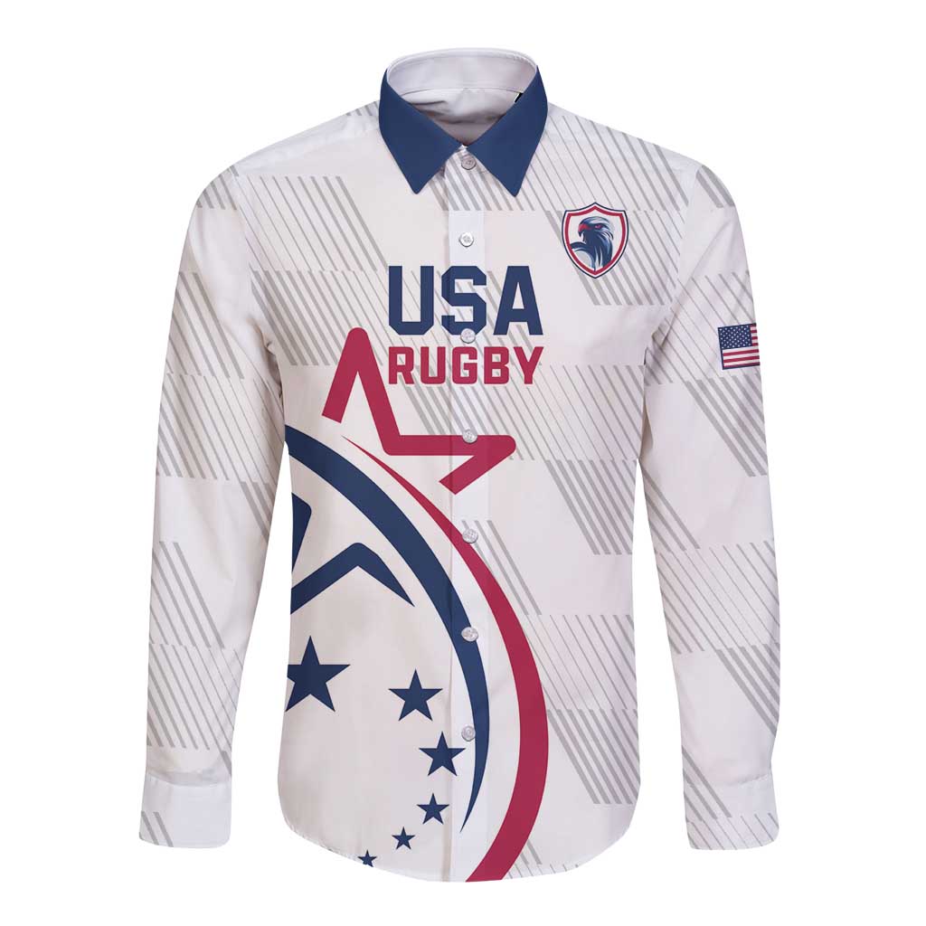 White long-sleeve rugby button shirt with USA Rugby graphic, blue/red collar