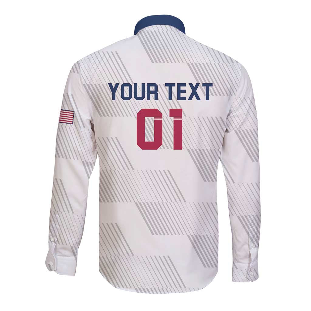 White long-sleeve rugby button shirt back with 'YOUR TEXT' and red 01 print