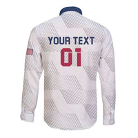 White long-sleeve rugby button shirt back with 'YOUR TEXT' and red 01 print