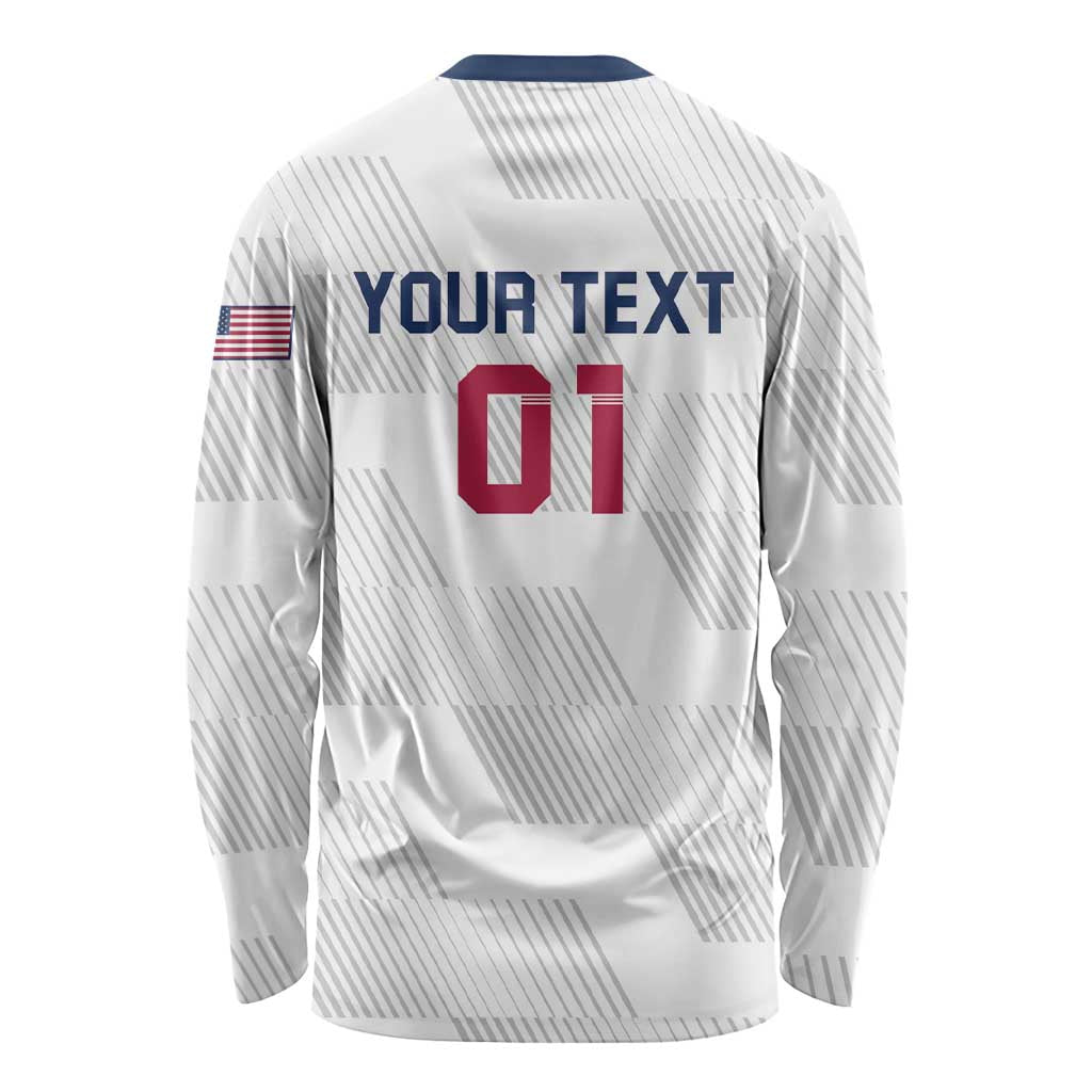 White rugby long-sleeve shirt back with U.S. flag, 'YOUR TEXT', and number 01